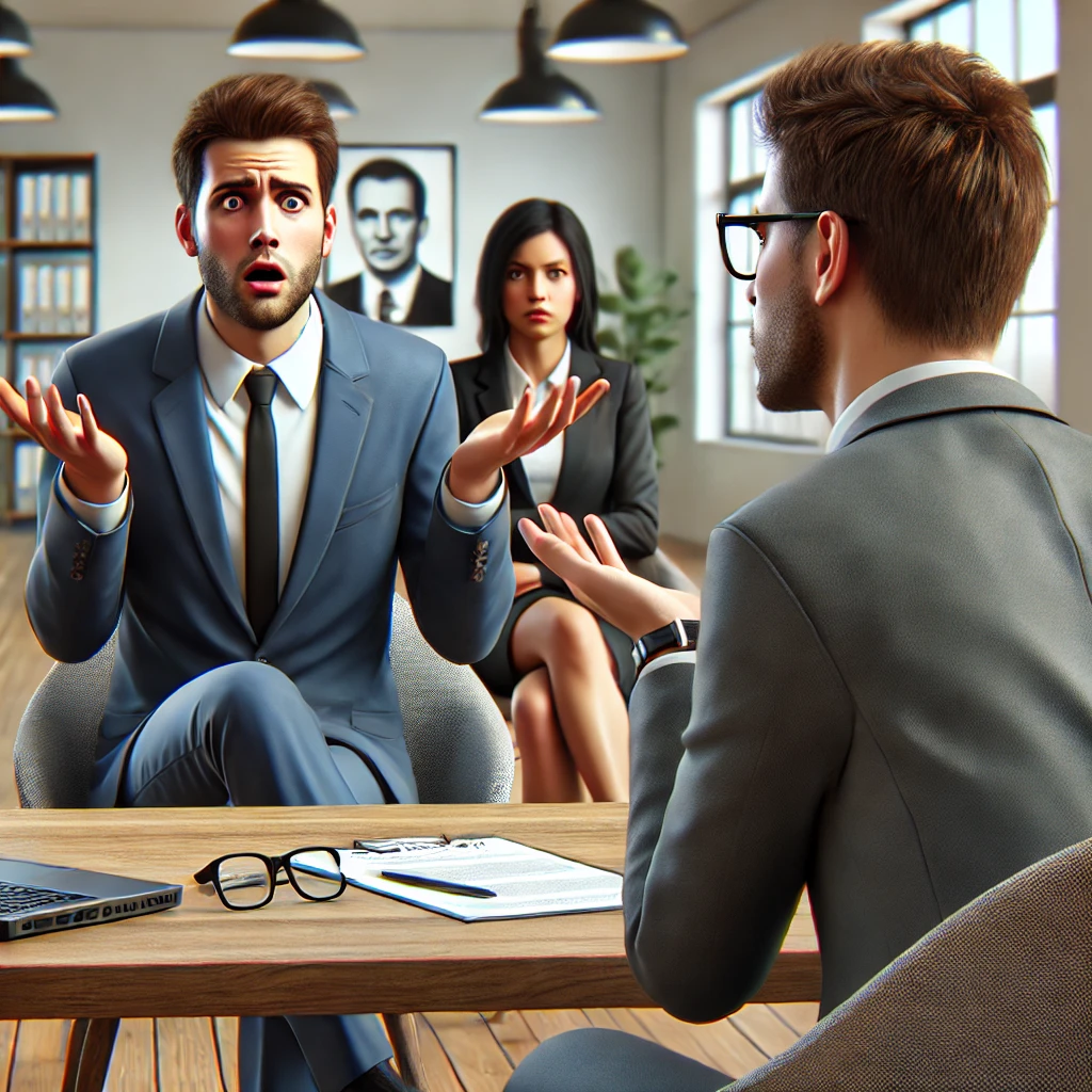 자신감 넘치는 지원자가 면접관에게 질문하는 모습. 면접관은 당황한 표정을 짓고 있으며, 현대적인 사무실에서 인터뷰가 진행 중.