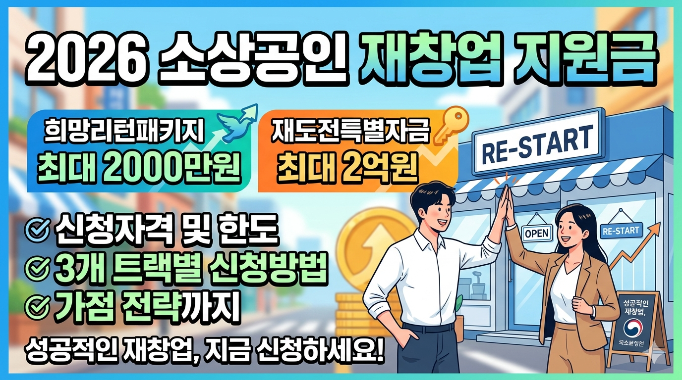2026 소상공인 재창업 지원금 신청자격 및 한도 : 희망리턴패키지 최대 2000만원, 재도전특별자금 최대 2억원, 3개 트랙별 신청방법부터 가점 전략까지