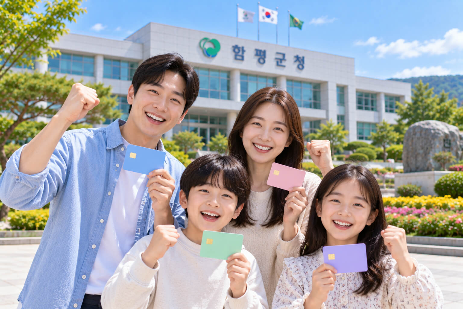 함평군청을 배경으로 가족들이 선불카드를 들고 민생지원금 지급을 반기는 모습