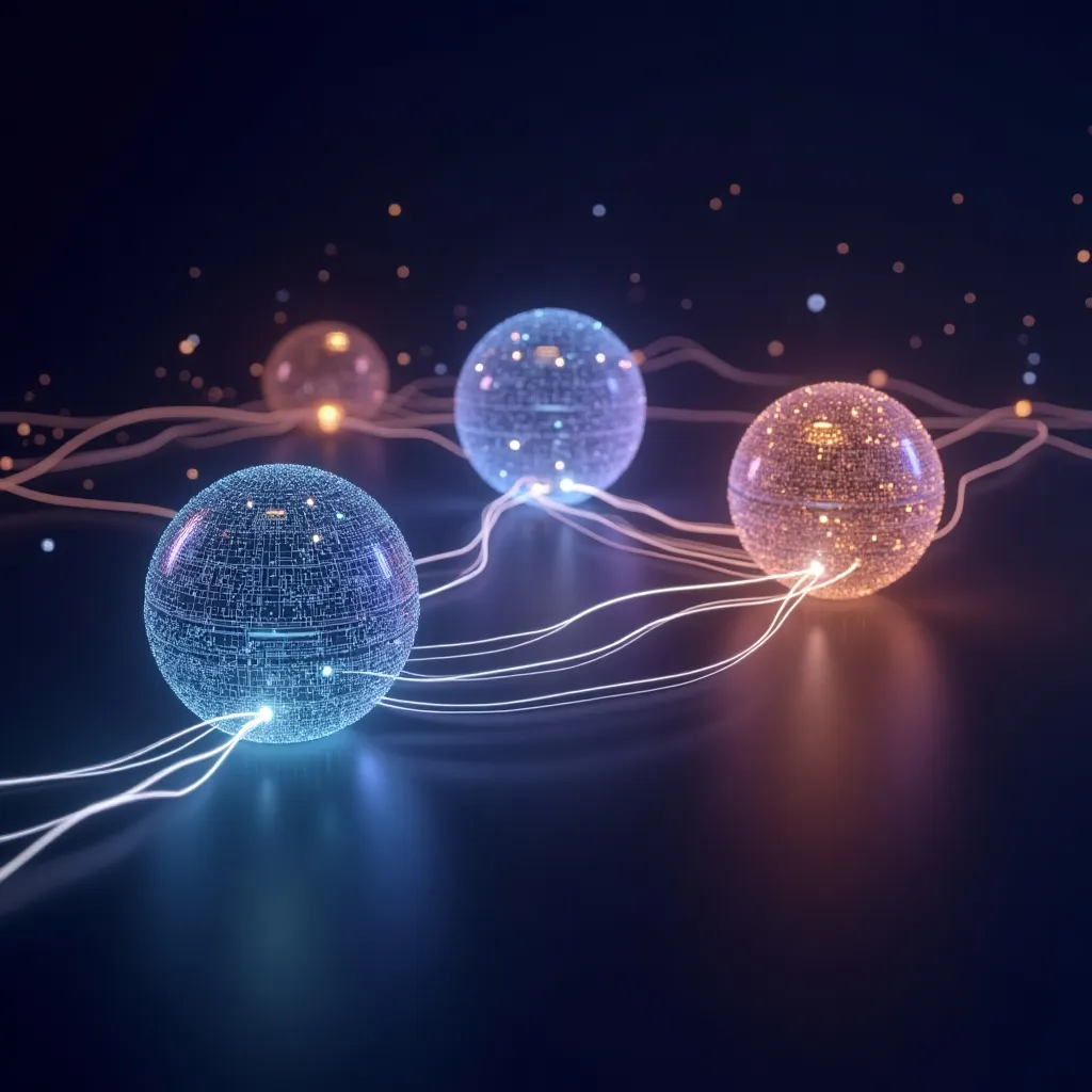 자나두 양자컴퓨팅: 자나두(Xanadu) Aurora 양자컴퓨터의 네트워크형 모듈러 구조를 표현한 시각화 이미지. 4개의 빛나는 구체가 광섬유 라인으로 연결되어 있으며, 각 구체는 포토닉 칩과 회로 패턴을 내장한 서버 랙을 상징함. 청록색과 금색 광자 입자들이 광섬유를 따라 흐르며 데이터 전송을 표현하고, 딥 네이비-퍼플 배경에 부드러운 블룸 효과가 적용된 분산 양자컴퓨팅 네트워크의 우아한 시각화 (Xanadu Aurora modular quantum network, four server racks, fiber optic connections, photonic chips, distributed quantum computing, room temperature operation, network architecture