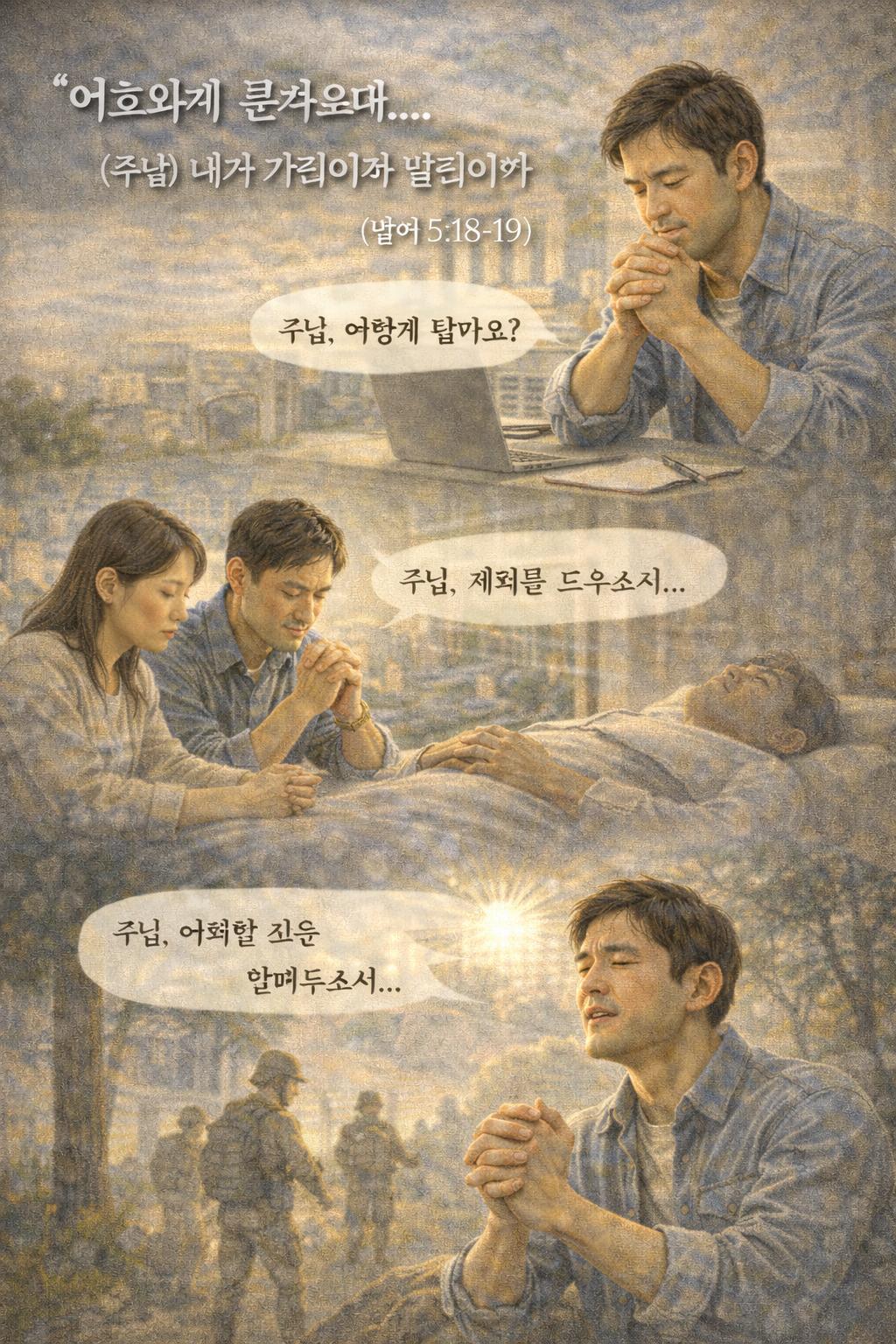 삼하5:18-19 말씀을 따라 저도 살아가면서 일상의 질문을 주님께 전하는 것도 진행하지만 정말로 제 삶이나 생명을 다루는 순간들 앞에서도 주님께 나아가 주님의 처분을 기다리는 믿음의 행동을 할 것을 생각하게 되었습니다. 주여&amp;#44; 제가 오늘도 수시로 주님께 문의하되 심각하고 어려운 일 앞에서도 주님께 간구하는 시도를 지속할 때 주님과 가까워지는 경험을 하는 모습입니다.