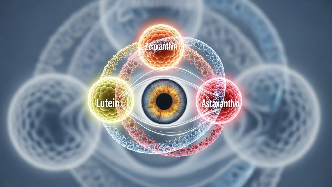 루테인, 제아잔틴, 아스타잔틴 분자가 함께 작용하는 역동적인 시각적 표현입니다.