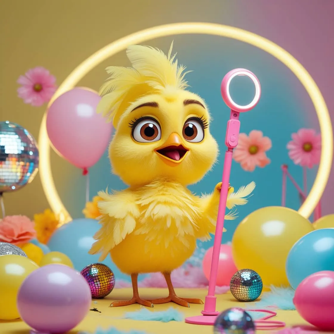 Leonardo AI 로 생성한 SNS 쇼츠를 찍고 있는 병아리 모습.