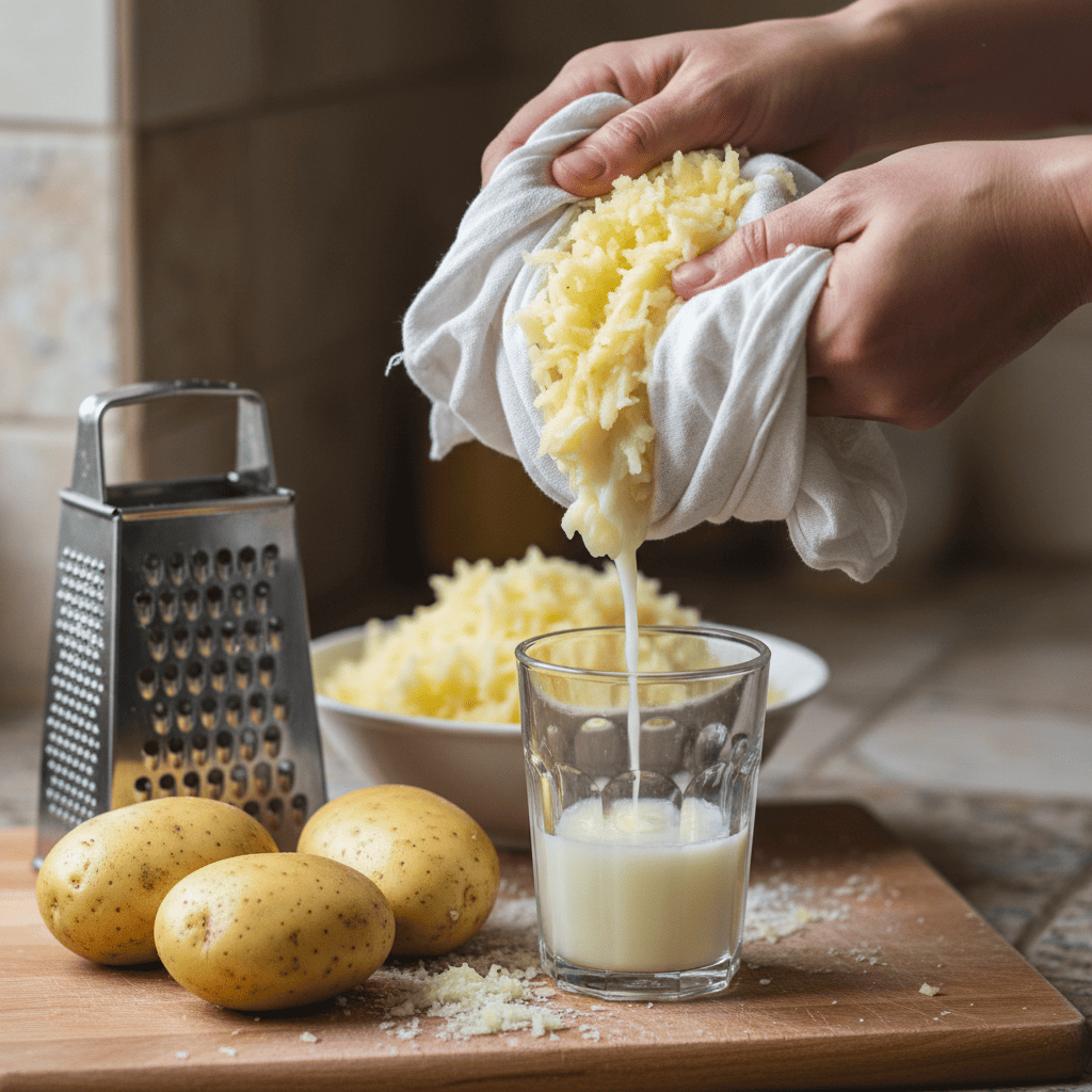 신선한 감자를 강판에 갈아 면포로 짜낸 생즙이 유리잔에 담긴 모습