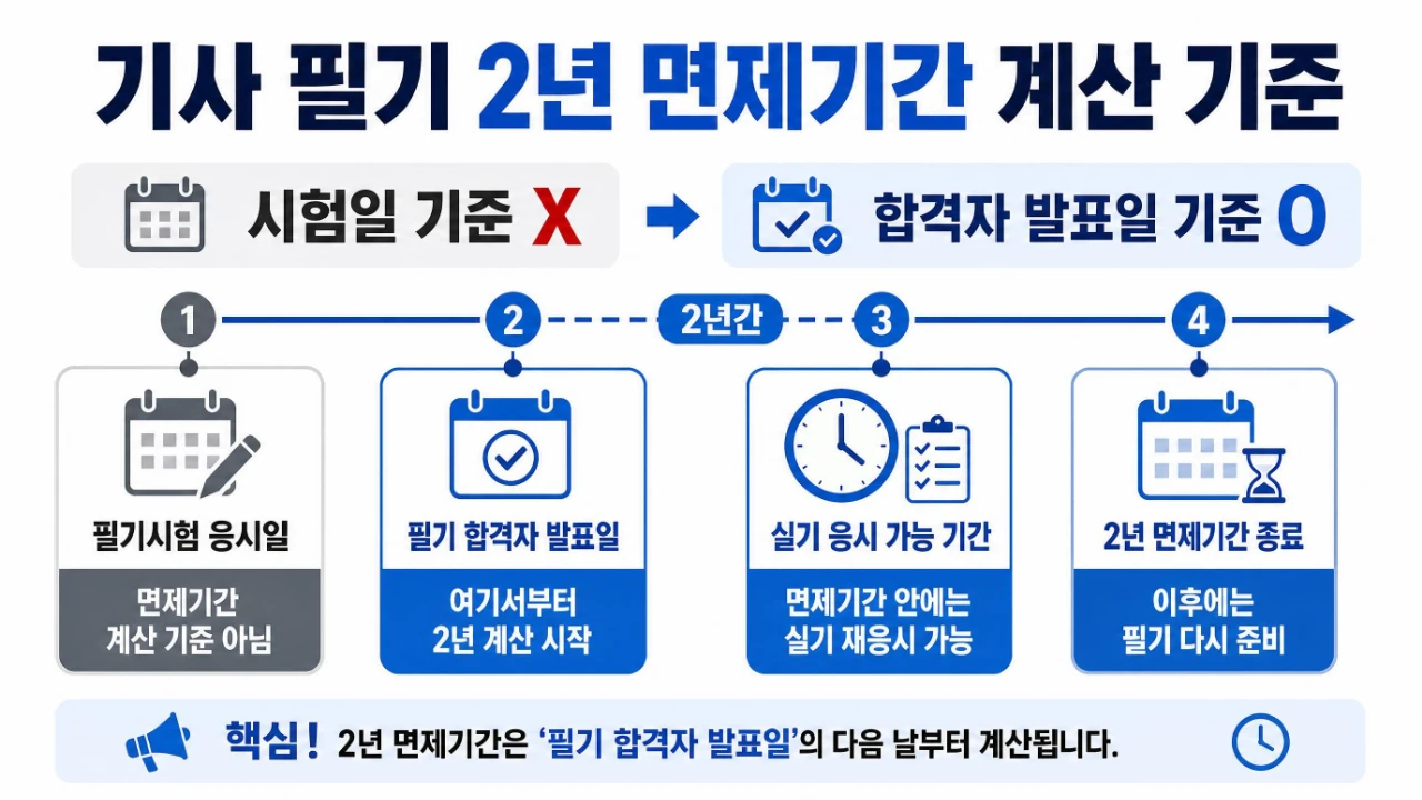 기사 필기 면제기간 2년이 시험일이 아니라 합격자 발표일부터 계산된다는 점을 보여주는 타임라인 이미지