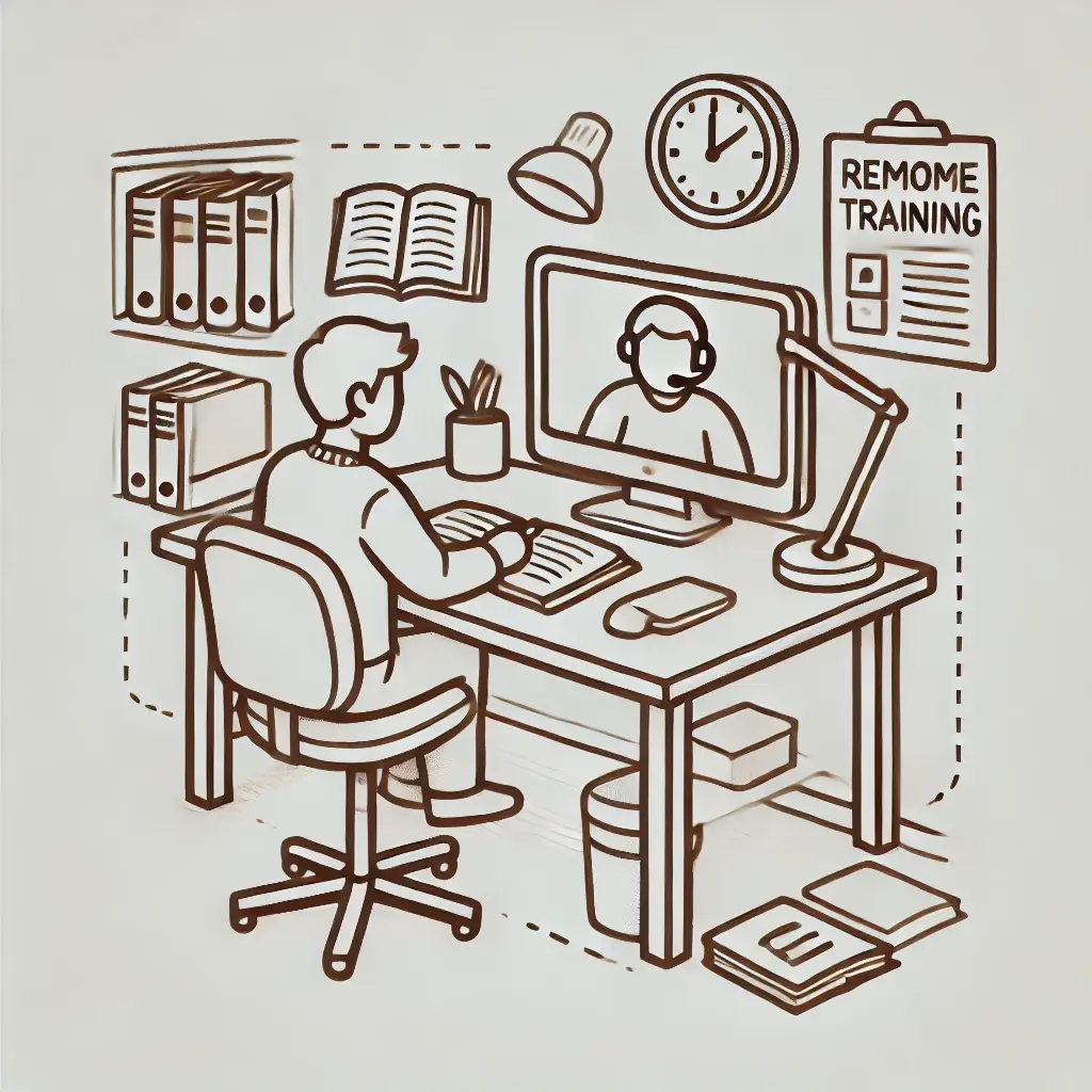 원격훈련 중인 모습, 책상과 컴퓨터 포함.