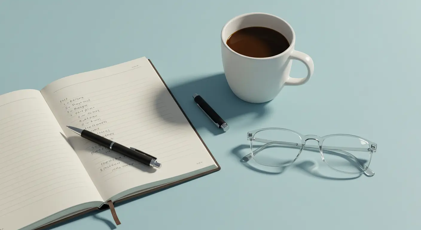 깨끗한 배경 위에 노트, 펜, 안경, 커피잔 등 공부 도구들을 위에서 내려다본 미니멀한 사진