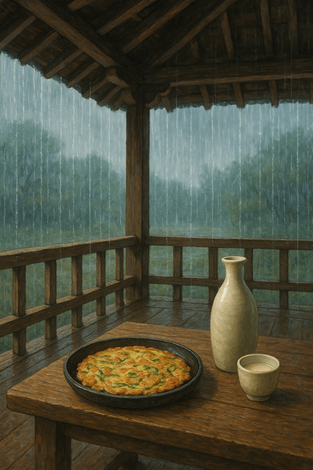 비오는날 정자에서 부침개와 막걸리 먹는 이미지