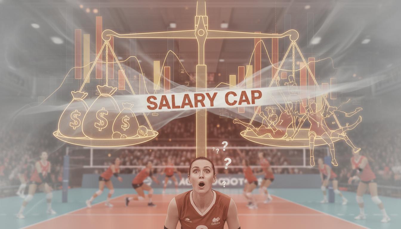 여자배구 샐러리캡과 연봉 삭감의 복잡한 역학을 상징하는 역동적인 이미지