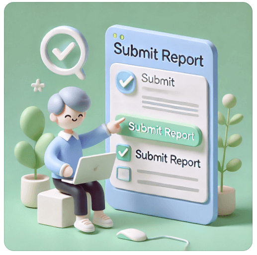 온라인 자진신고를 성공적으로 제출하는 사람, 신고 확인 아이콘과 함께 자진신고의 중요성
