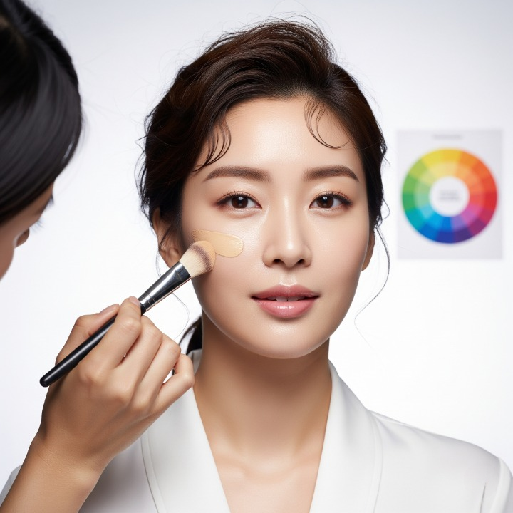 전문 메이크업 아티스트가 한국인 모델의 피부톤을 보정하며 컬러 대비 원리를 설명하는 장면입니다.