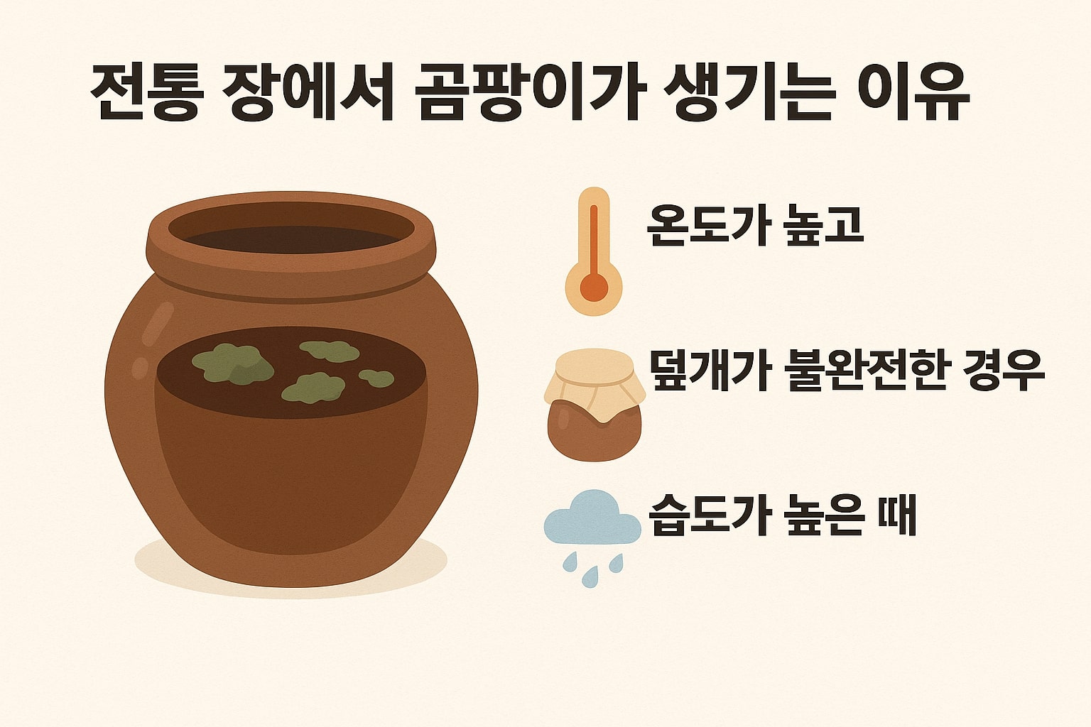 전통 장에서 곰팡이가 생기는 이유를 시각적으로 설명한 일러스트 – 온도, 습도, 공기 접촉 요인이 표시됨