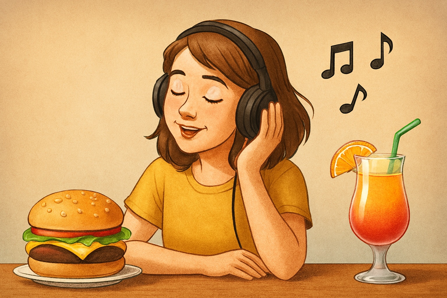 햄버거와 칵테일이 놓여있는 식탁과 헤드폰을 쓰고 음악을 흥얼거리는 소녀가 보이는 일러스트