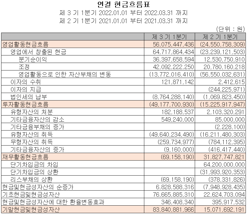 대덕전자 - 현금흐름표