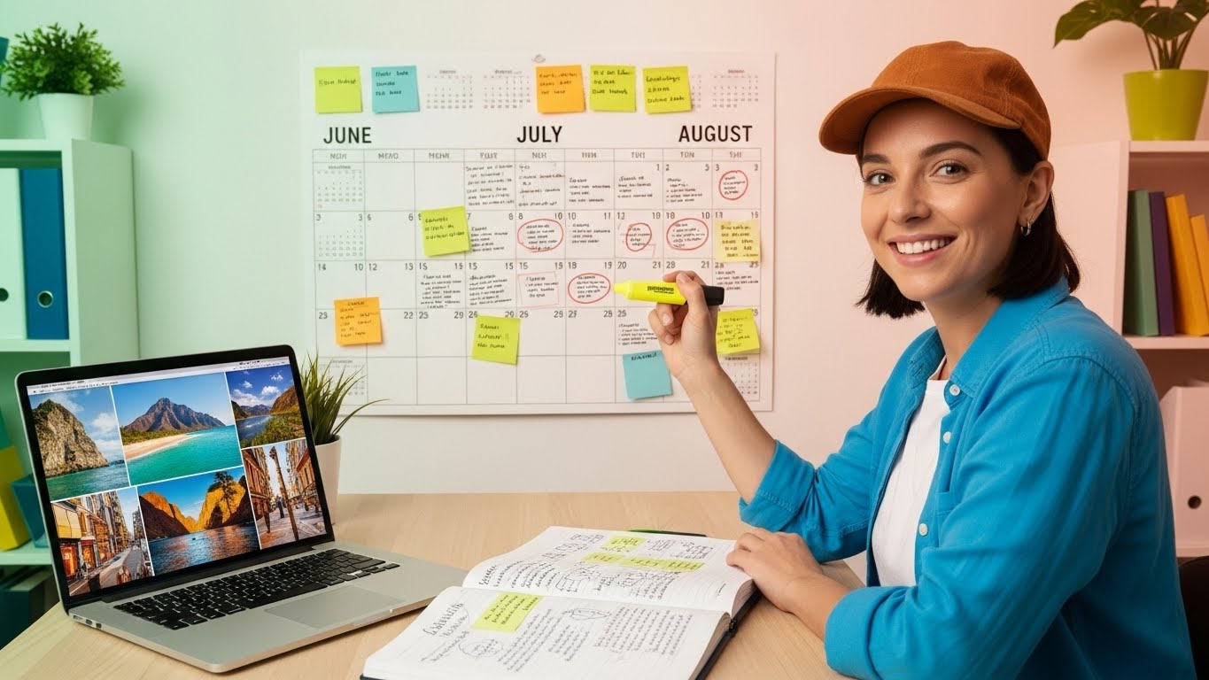 2026년 공휴일과 연차 사용 꿀팁. 여행을 계획하는 행복한 모습.