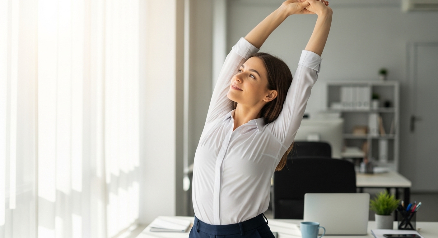 업무 중 자리에서 일어나 스트레칭을 하는 건강한 습관