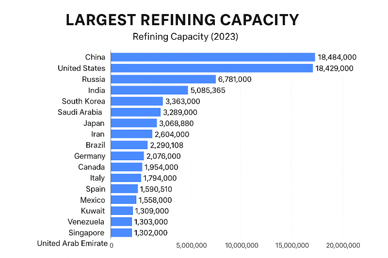 세계 국가별 일일 정유 능력 순위 그래프