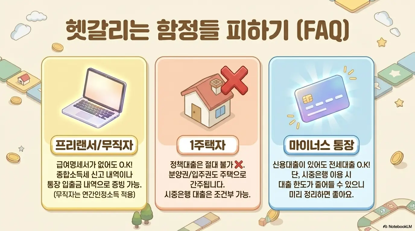 전세자금대출 금리비교: 헷갈리는 함정들을 피하는 FAQ 이미지. 프리랜서&middot;무직자는 종합소득세 신고 내역이나 통장 입출금 내역으로 증빙 가능하고&amp;#44; 1주택자는 정책대출 불가하며 분양권&middot;입주권도 주택으로 간주되고&amp;#44; 마이너스 통장이 있어도 전세대출은 가능하나 시중은행 한도가 줄 수 있다는 내용을 시각적으로 전달함