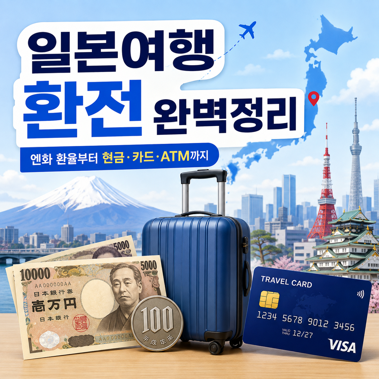 일본여행 엔화 환전과 현금 카드 준비 방법을 한눈에 보여주는 이미지
