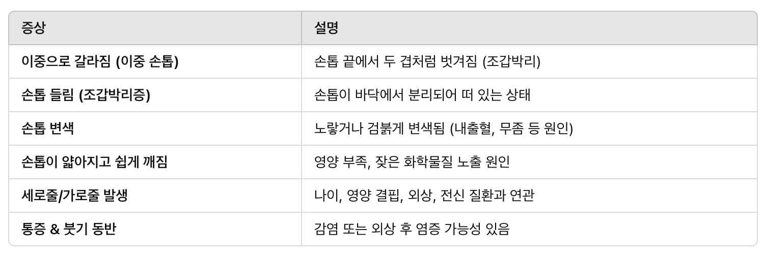 손톱 손상의 주요 증상