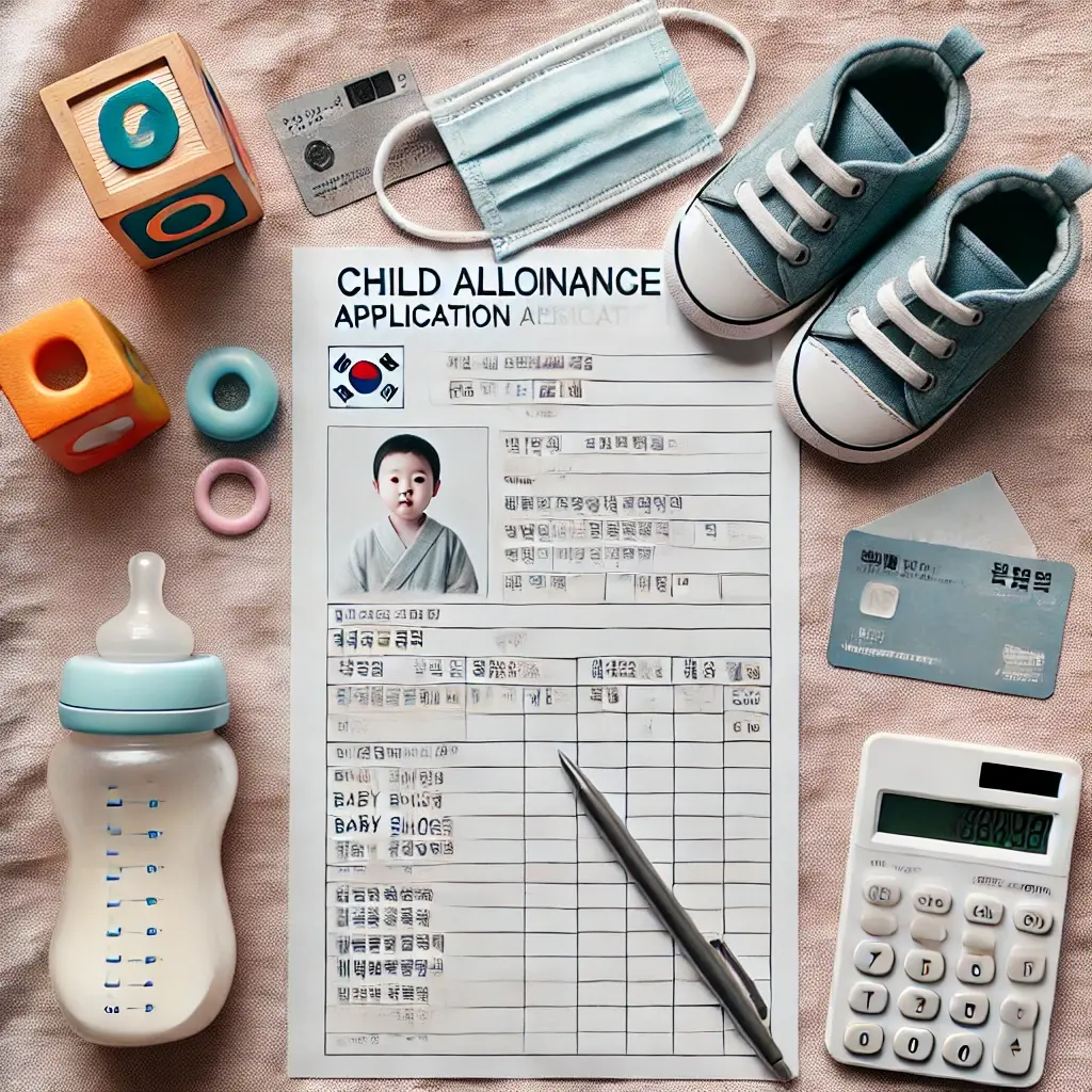 아동수당 신청서, 육아용품, 계산기 등이 정돈된 서류 이미지