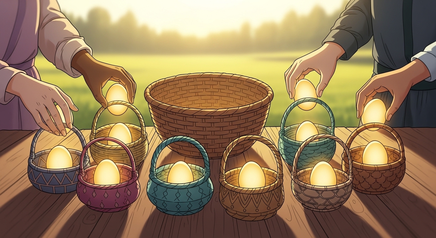 Illustration of hands distributing golden eggs into several small baskets instead of one large basket.