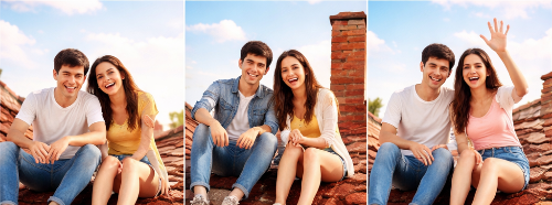 빨간 벽돌 지붕위에서 환하게 웃고 청춘 남녀