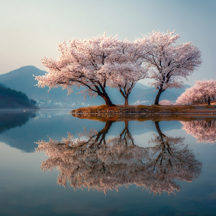 호수가에 핀 벚꽃 