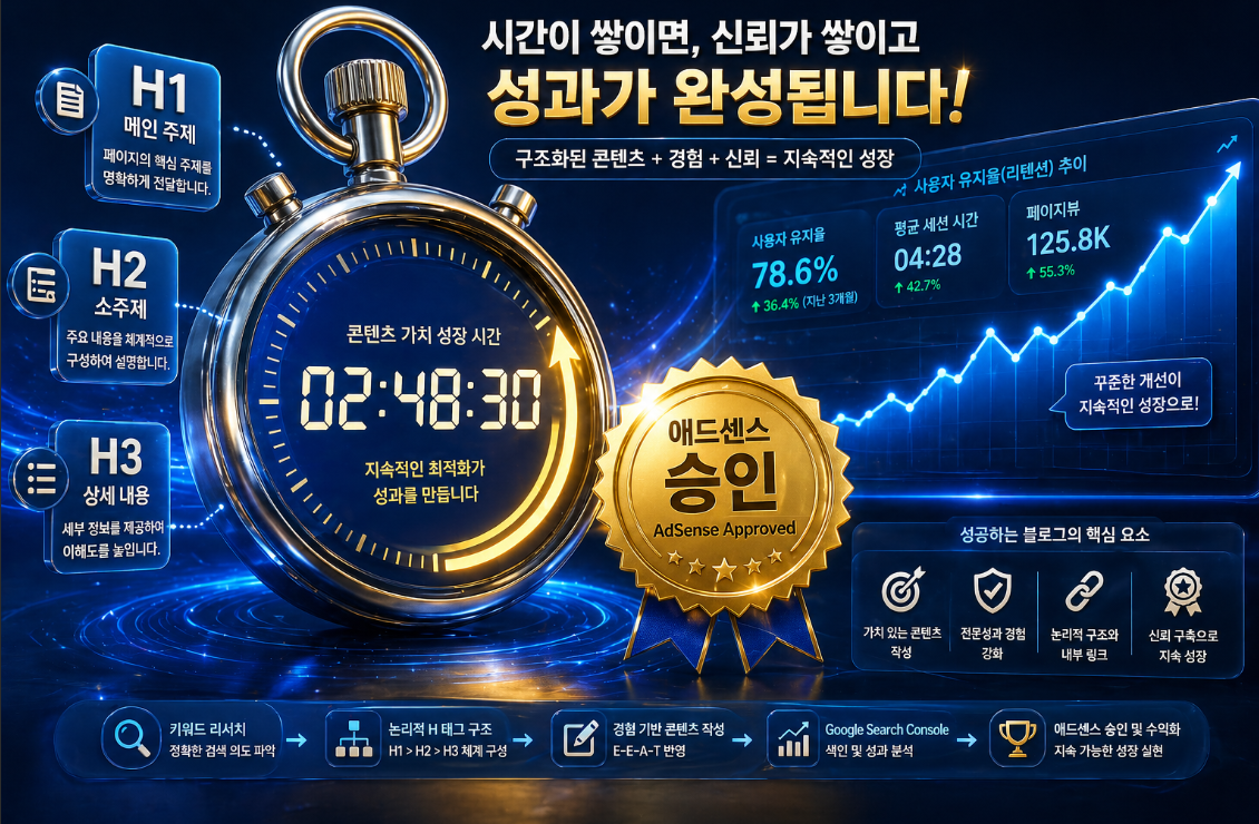 애드센스 승인의 핵심 요소인 체류시간 향상 전략과 H태그 구조화 가이드 썸네일