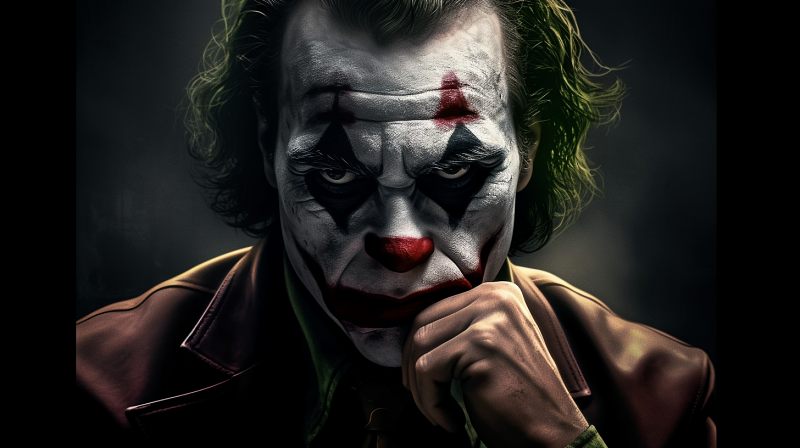 조커로 분장한 호아킨 피닉스가 턱을 괴고 정면을 바라보고 있는 모습 그림