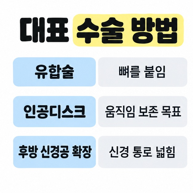 유합술의 뼈 붙임, 인공디스크의 움직임 보존 목표, 후방 신경공 확장술의 신경 통로 넓힘을 비교한 이미지