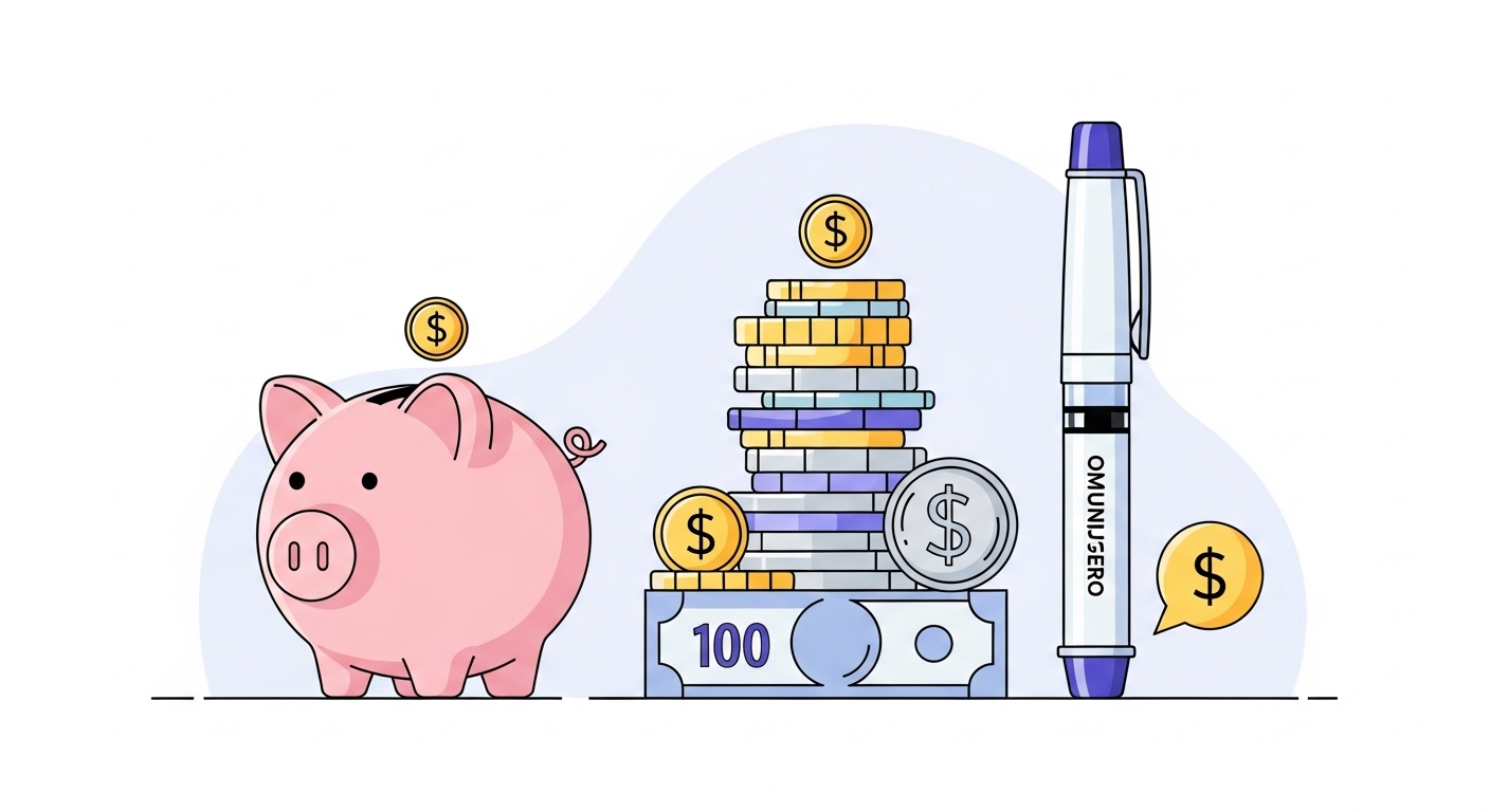 마운자로 주사 펜 옆에 놓인 저금통과 지폐, 동전 이미지. 마운자로 치료 비용과 경제적 부담을 상징적으로 보여줌.