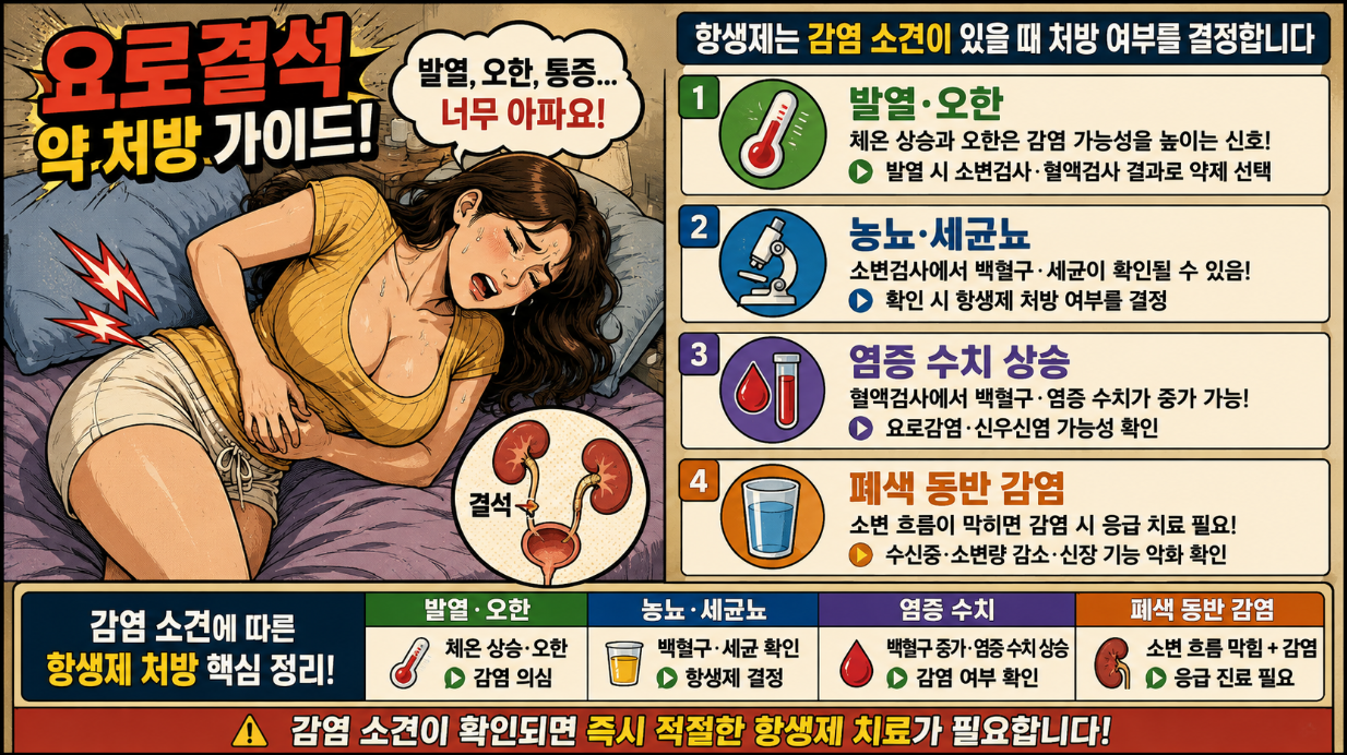 요로결석에서 발열, 오한, 농뇨, 염증 수치 상승 등 항생제 처방 기준을 정리한 만화풍 의료 인포그래픽