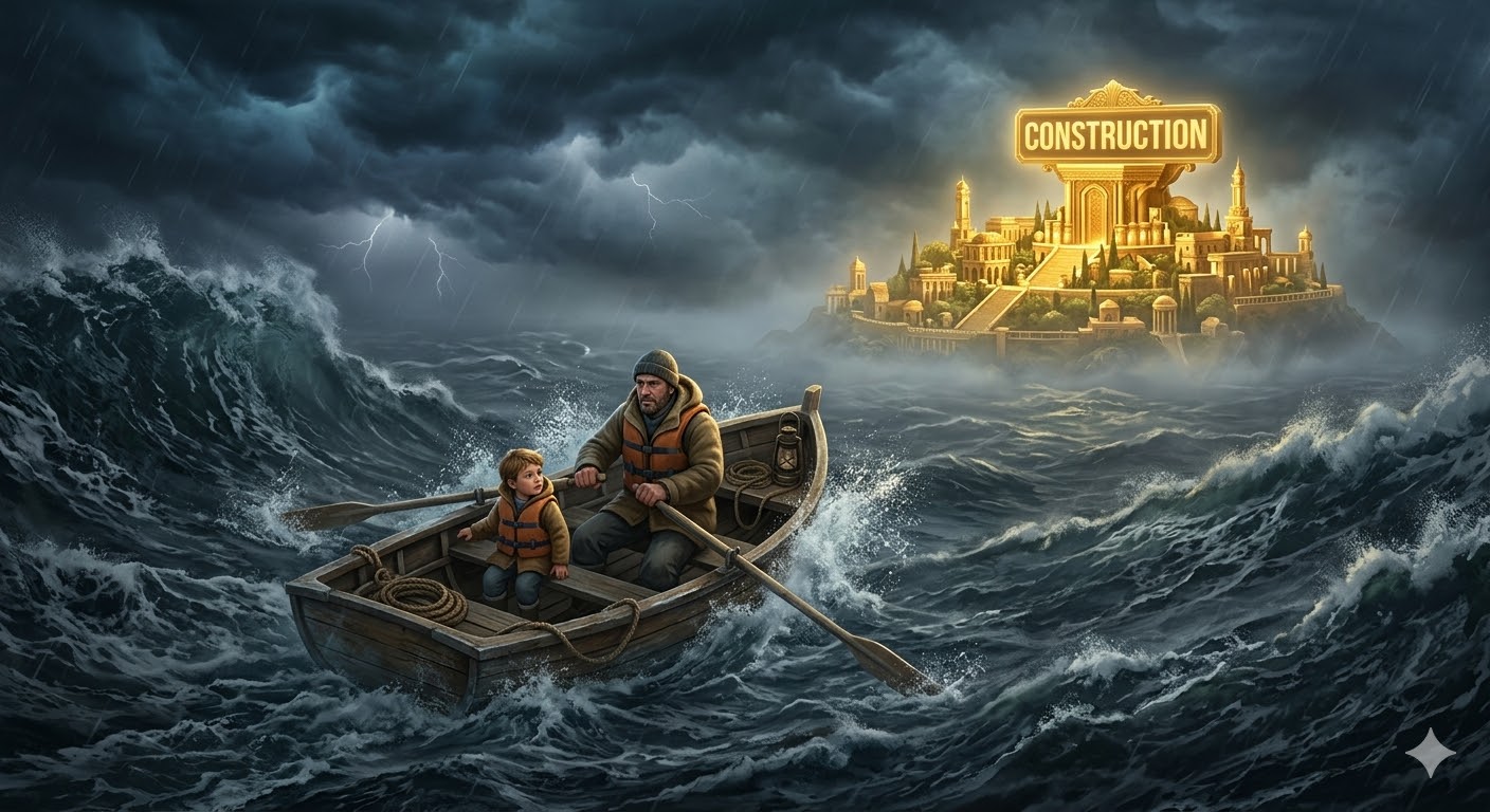 거친 파도가 치는 어두운 바다 위, 아빠와 아이가 작은 배를 타고 황금빛으로 빛나는 '건설(Construction)' 섬을 향해 나아가는 3D 일러스트