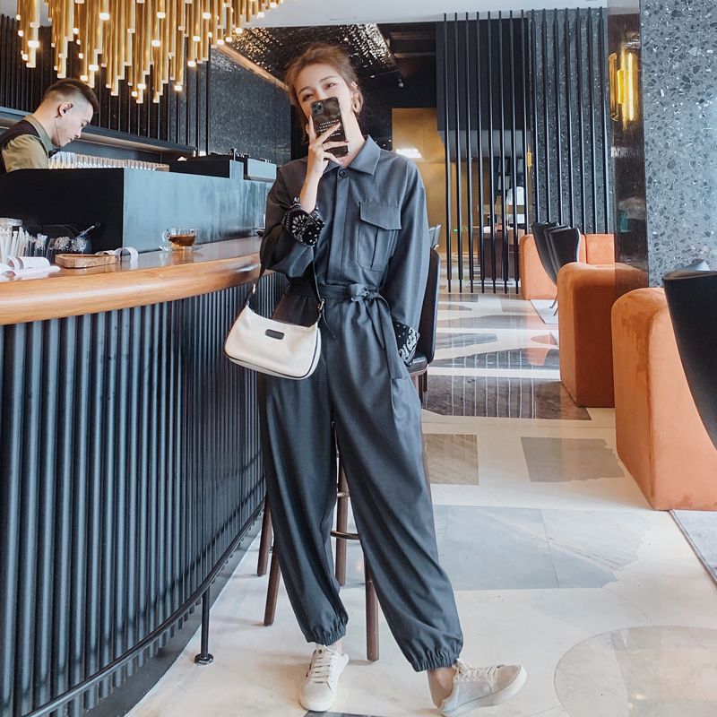 캐주얼 사파리 여자 2컬러 바디수트 점프수트 패션 와이드 팬츠 정장 하객룩 데일리룩 그레이 XL