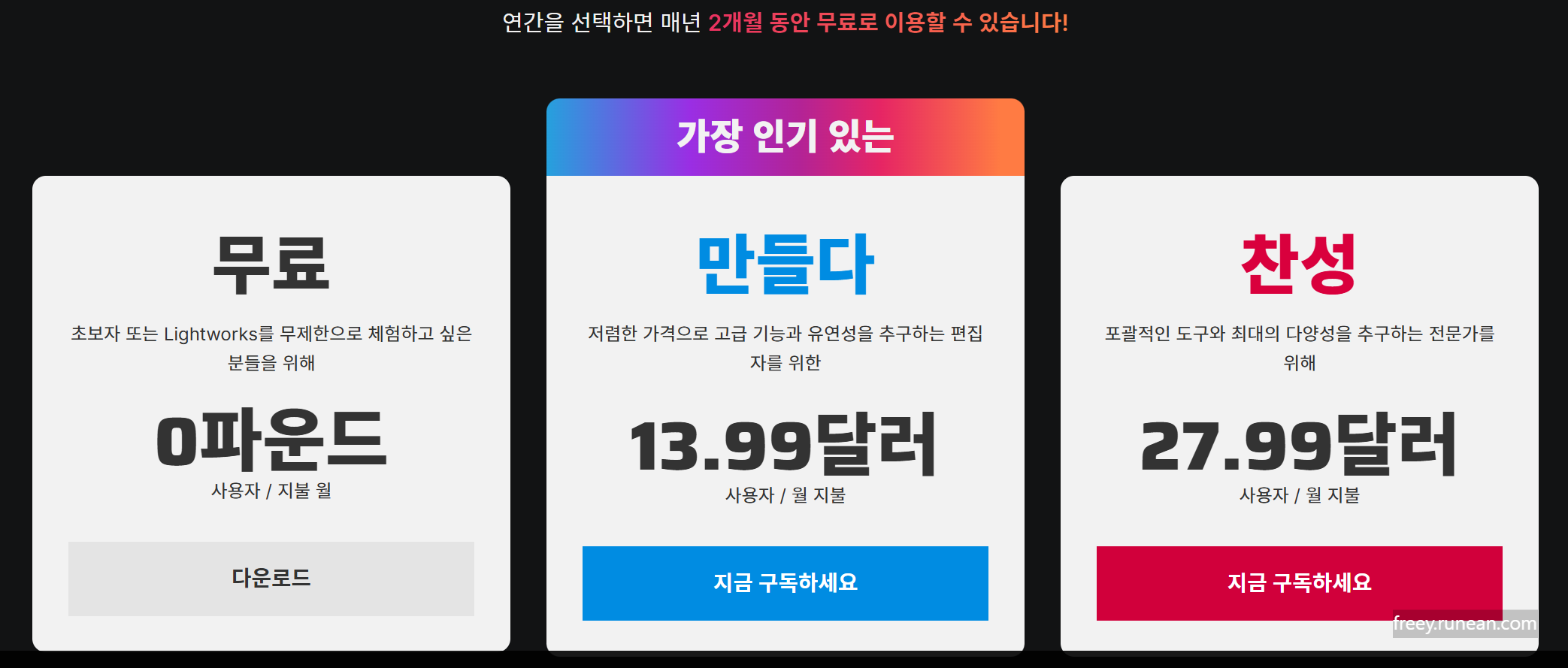 라이트웍스(Lightworks) 무료 및 비용 플랜