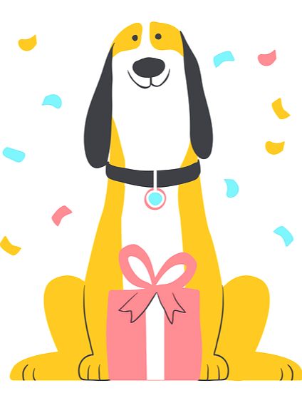 황색 털을 가진 커다란 개가 앉아서 웃고 있다. 발 앞에는 분홍색 선물상자가 있다.