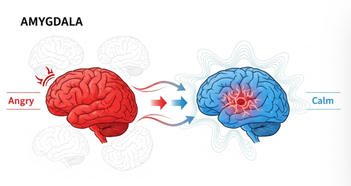 화난 사람의 뇌 속 편도체가 라벨링을 통해 파란색으로 진정되는 인포그래픽