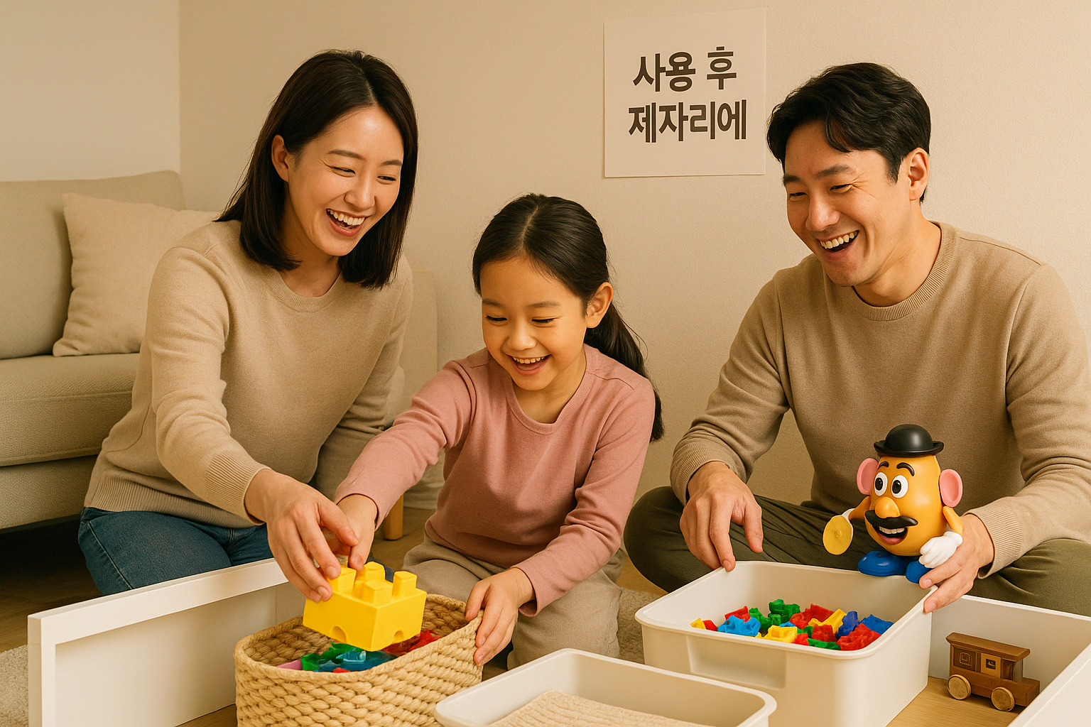 가족이 함께 거실을 정리하며 규칙을 지키는 모습