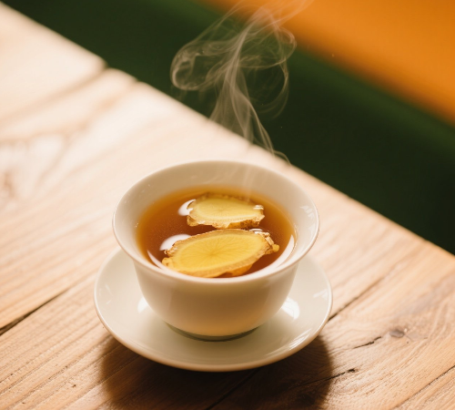 김 오르는 생강차와 생강 슬라이스, 보온으로 코막힘 완화에 도움