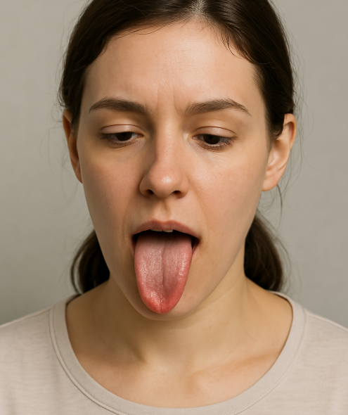 혀를 내밀고 건강 상태를 점검하는 여성의 모습