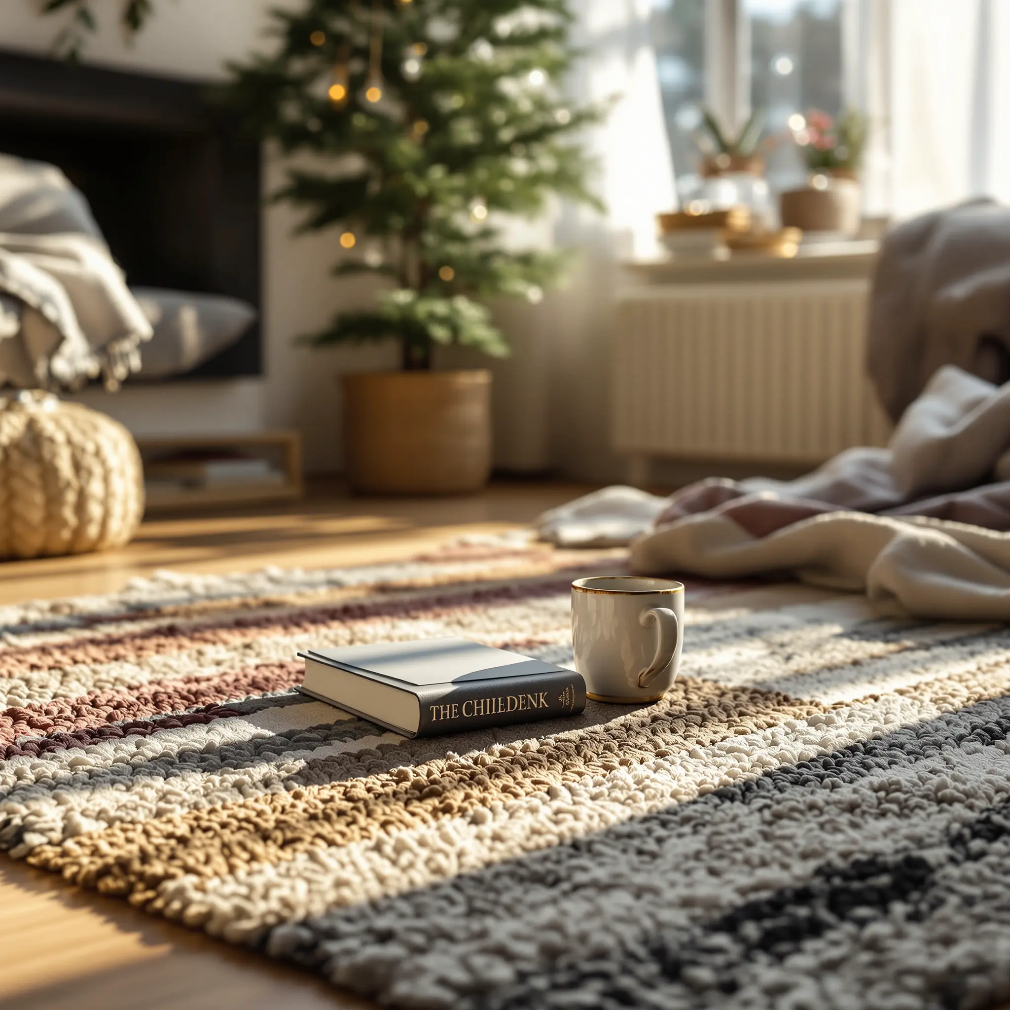 난방을 끈 겨울 거실에서 복합 소재 러그 위에 책과 머그컵이 올려져 있는 생활 장면