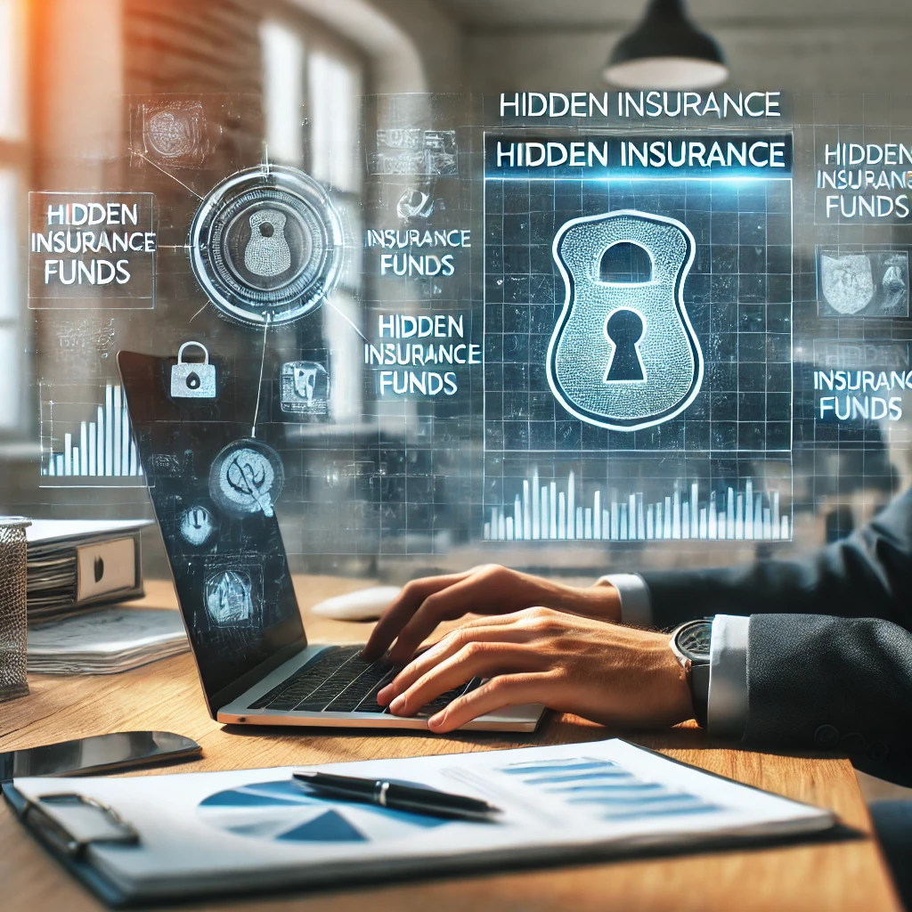 책상에 앉아 서류와 노트북으로 숨겨진 보험금을 조사하는 사람, 화면에는 보험 통계와 차트가 표시되고 밝은 사무실 분위기와 정돈된 서류들로 구성된 장면