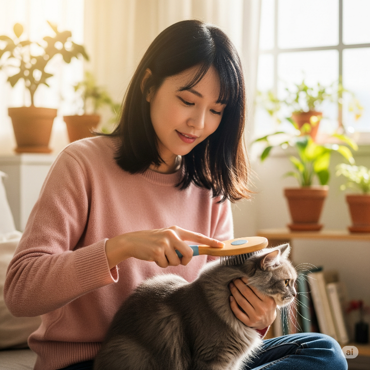 고양이를 부드럽게 빗질해 주는 집사