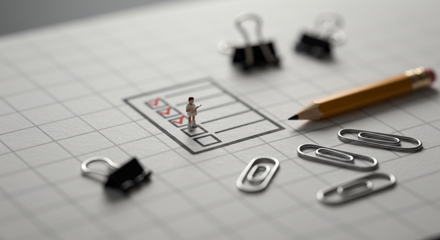 체크리스트를 상징하는 미니어처 메모지&middot;클립&middot;연필 소품을 틸트쉬프트로 촬영한 아이콘 느낌 이미지