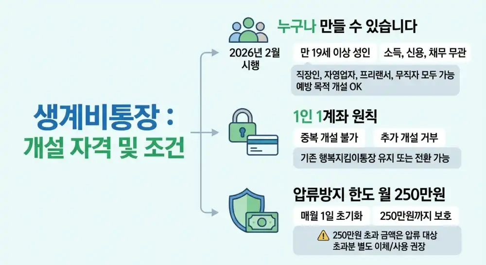 2026 생계비통장 개설 조건 총정리ㅣ월 250만원 압류 금지 혜택