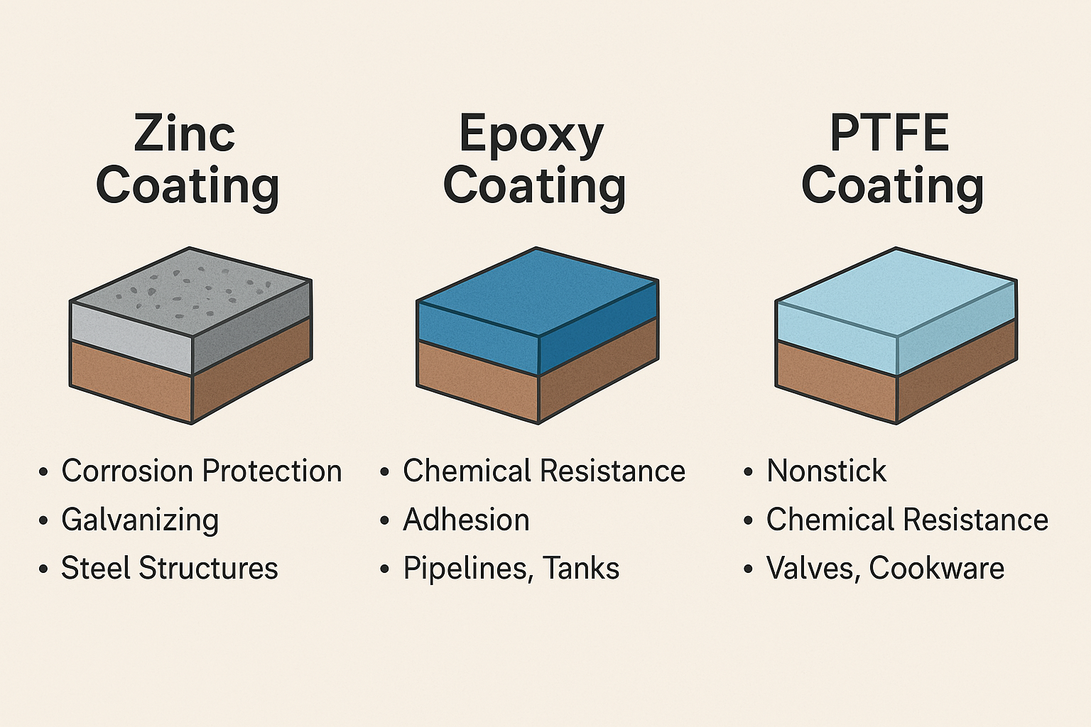 Comparison image showing zinc coating, epoxy coating, and PTFE coating for industrial applications with key properties and use cases