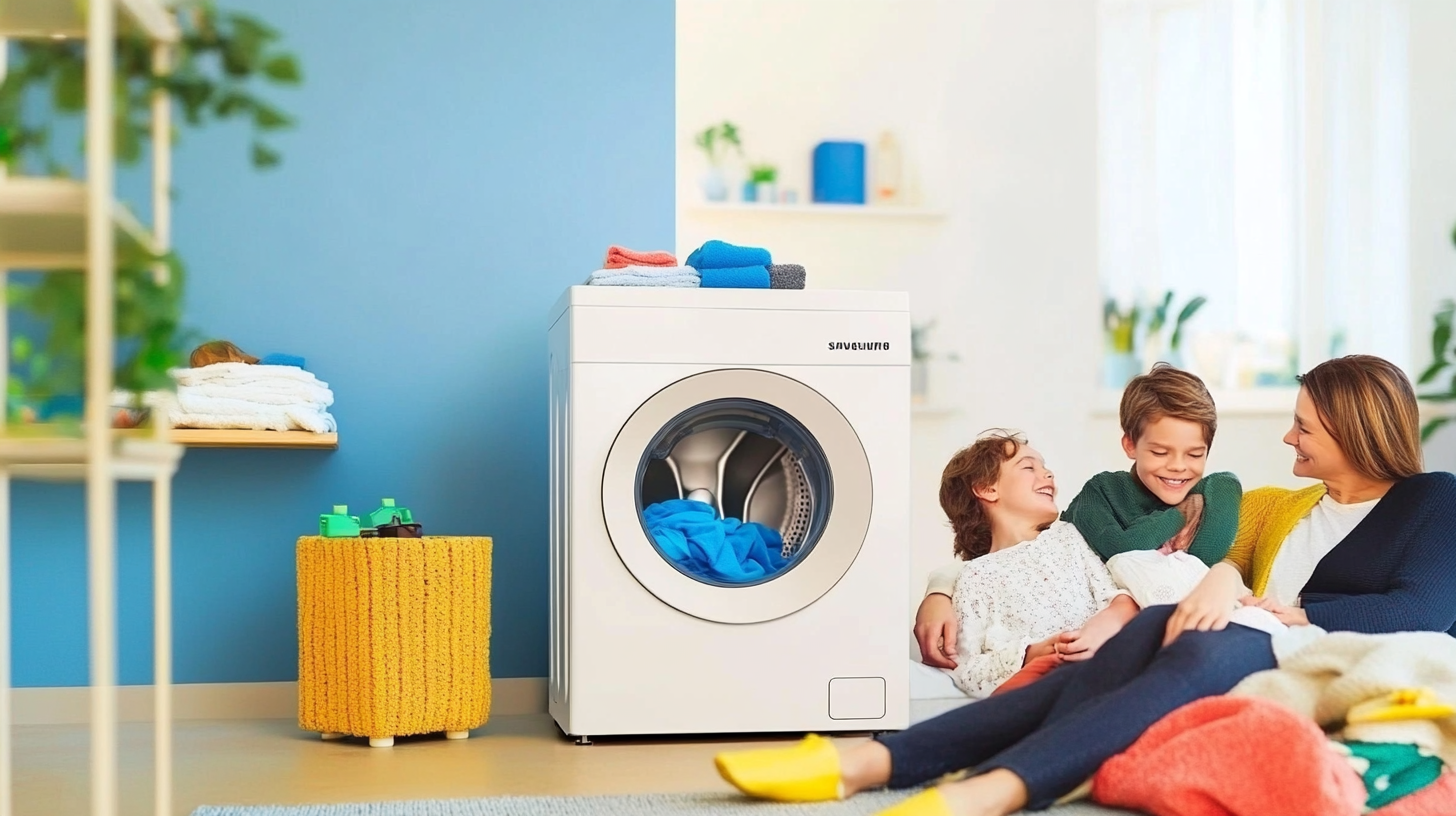 조용한 집 환경에서 가족이 편안하게 쉬고 있는 동안 배경에서 효율적으로 작동하는 삼성의 저소음 세탁기의 모습