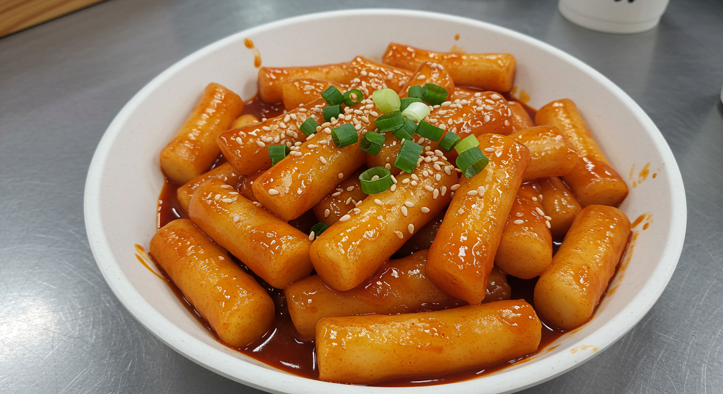 picy Korean tteokbokki rice cakes in red chili sauce ❘ 매콤한 고추장 소스의 한국 떡볶이