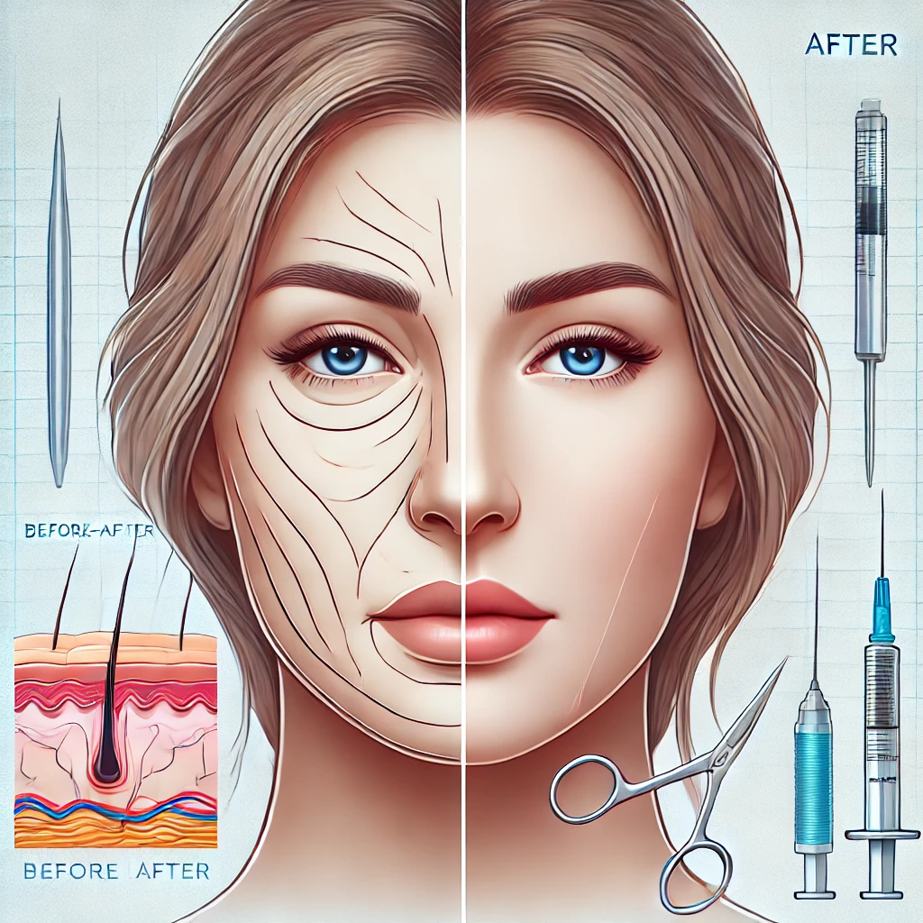 실리프팅의 핵심을 시각적으로 표현한 썸네일. 한쪽은 처진 피부를, 다른 쪽은 시술 후 피부가 당겨진 얼굴을 보여주며, 배경에는 실과 바늘 같은 의료 도구가 강조되어 비수술적 리프팅 시술의 특징을 나타냅니다.
